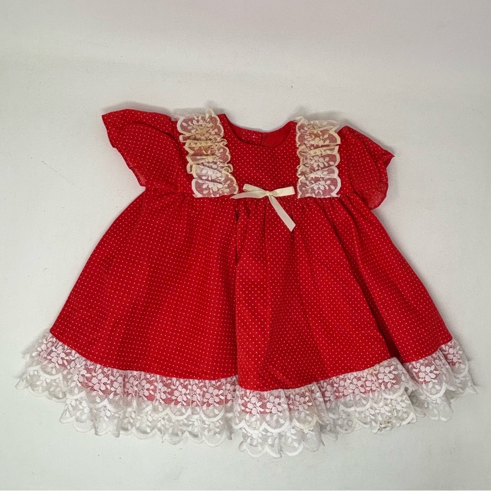 Mini World Vintage Red Lace Babydoll Polka Dot Dress Size 6-9 Months USA Made